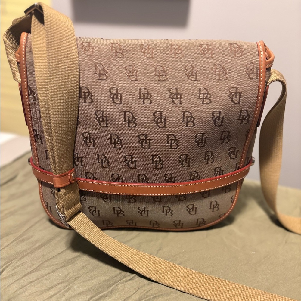 Dooney & Bourke Cabriolet Monogram Tan Canvas Leather Flap Messenger Crossbody
